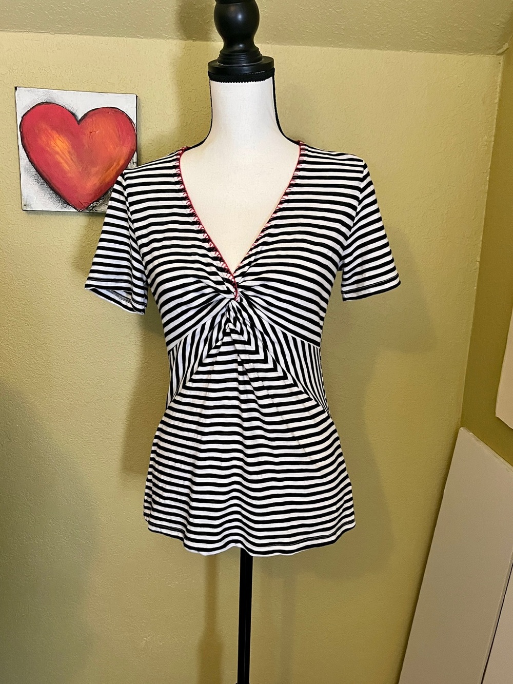 Anthropologie Black & White Striped Twist-Front V-Neck Top with Red Trim